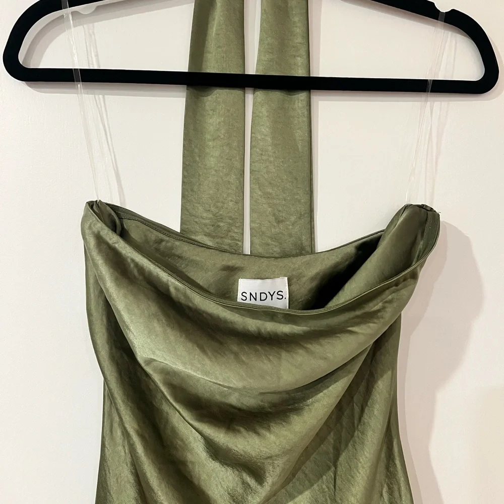 Angelina Neck Tie Olive Satin Maxi Dress - Picture 5 of 6